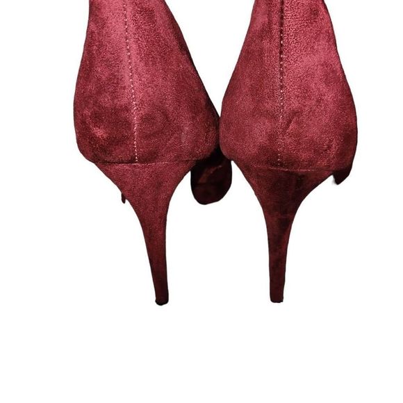 Burgundy Peep Toe Lace Up Over The Knee High Heel Boots Size 9 - Picture 5 of 7